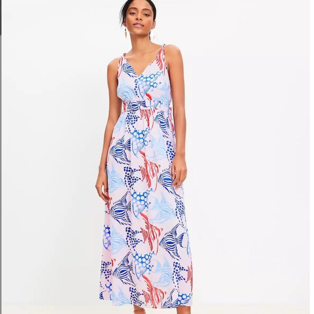Loft NWT Maxi Dress, Double Fish Print, Spaghetti Straps, XL, Red + Blue - Picture 4 of 15